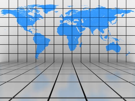 Tiled background scene with blue world map on the vertical wall. Elements of this image furnished by NASA