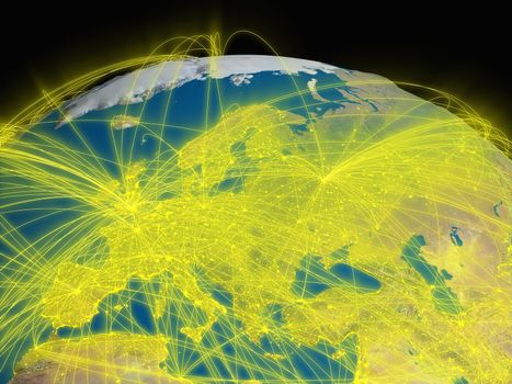 Illustration of Europe from space with glowing yellow connections between cities and continents representing global airline networks. Elements of this image furnished by NASA