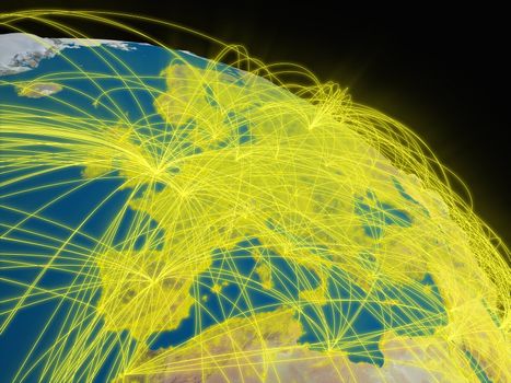 Illustration of Europe from space with glowing yellow connections between cities and continents representing global airline networks. Elements of this image furnished by NASA
