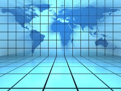 Tiled blue background scene with world map on the vertical wall. Elements of this image furnished by NASA