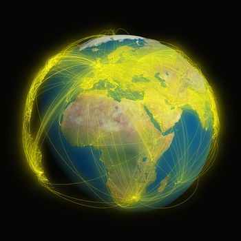 Planet Earth with glowing yellow connections between cities and continents representing global airline networks. Elements of this image furnished by NASA