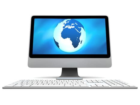 Blue glowing model of Earth on computer screen isolated on white background. Elements of this image furnished by NASA