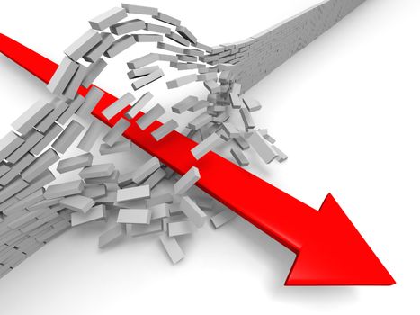 Illustration of red arrow breaking through brick wall, concept of success, breakthrough, achievement
