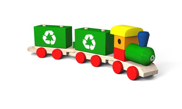 3D illustration of colorful wooden toy train with recycling symbols, concept of environmental protection as part of early children education, isolated on white background