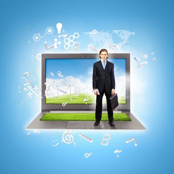 Modern technology illustration with computers and business person