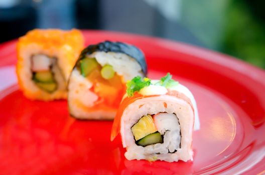 three of sushi rolls, japanese food