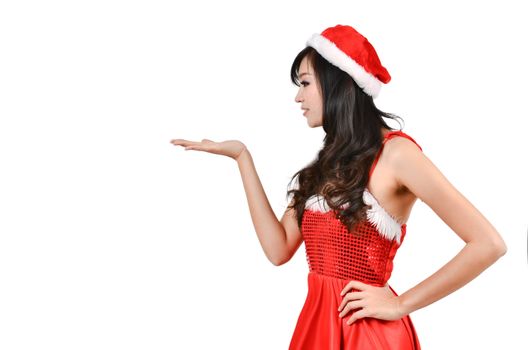 santa women presenting something on  hand isolated on white background