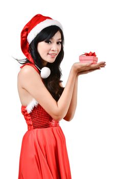 Santa woman  holding a gift box isolated on white background