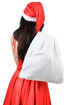 Santa woman  holding a white bagisolated a on white background