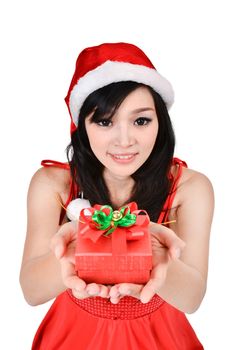 Santa woman  holding a gift box isolated on white background