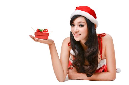 Santa woman  holding a gift box isolated on white background