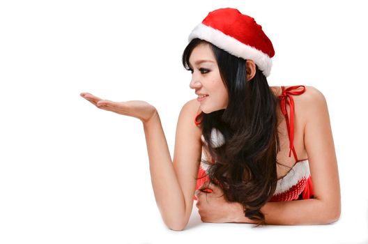 santa women presenting something on  hand isolated on white background