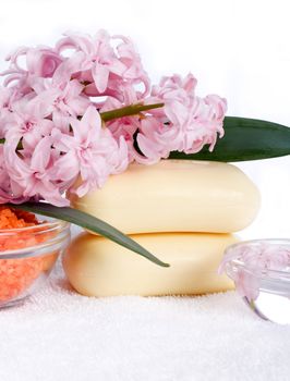 Soap, bath salt hyacinth on a towel