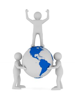 people and globe on white background. Isolated 3D image