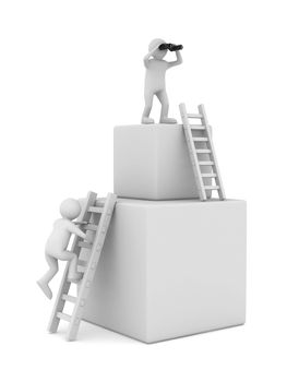 man on box and staircase. Isolated 3D image