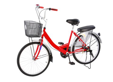 Red housewife style bicycle isolated on white background 