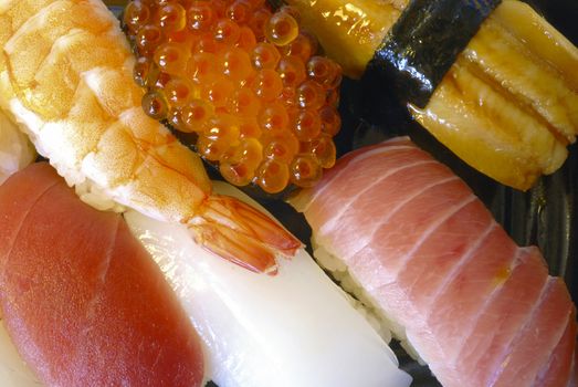  mixed traditional Japanese sushi set, close up shot