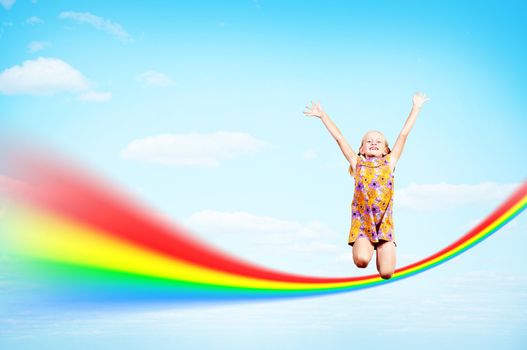 girl jumping on clouds and a rainbow, collage, place for text