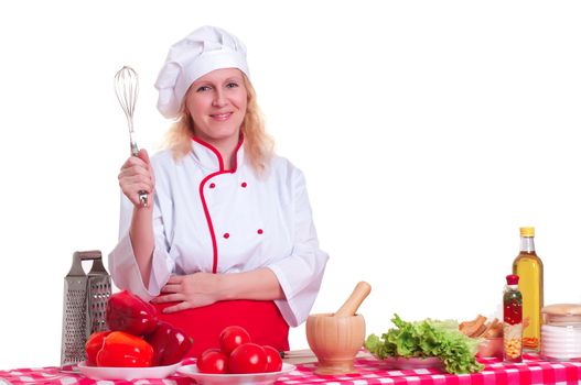 Portrait of attractive cook woman, holding whisk
