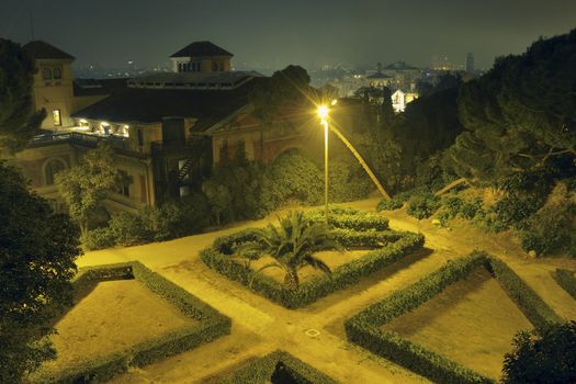 famous Montjuic gardens in Barcelona by night
