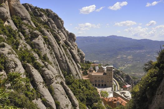 scenic mountain view to the famous Monserrat Monastery in Barcelona area, Spain