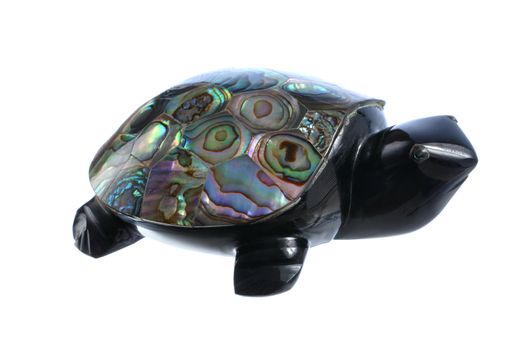 Beautiful abalone shell decorated black obsidian turtle isolated on white