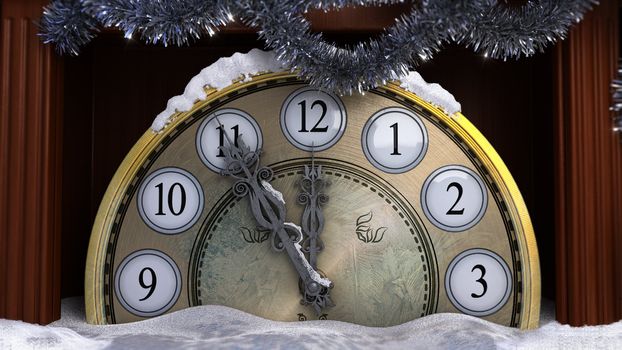 Happy New Year and Merry Christmas background with old clock in snow