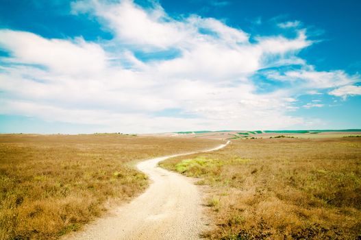 Country road with blue cloudy sky