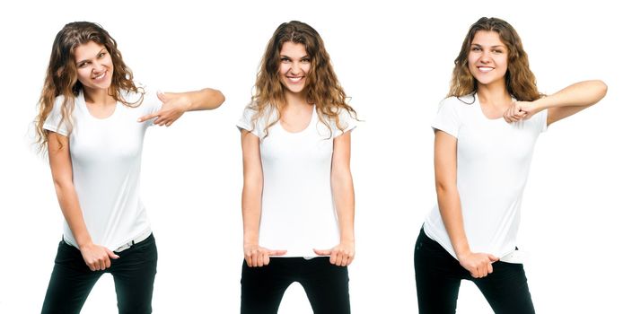 Young beautiful girl posing with blank white shirts. Ready for your design