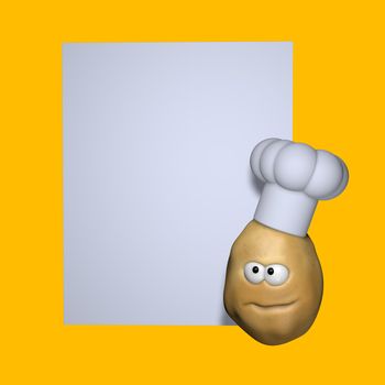 funny potato with cook hat and blank white sign - 3d illustration