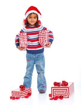 Smiling little mullato girl in Santa's hat with gift box, isolated on white