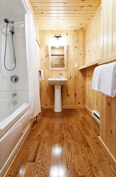 Washroom interior with pine wood wall planking