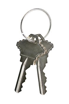 Two house keys on keyring isolated over white background