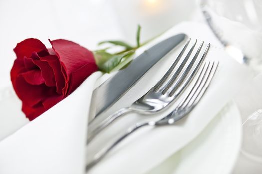 Romantic table setting with rose plates and cutlery