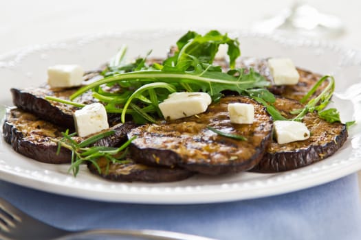 Grilled Aubergine with Feta cheese and Rocket salad