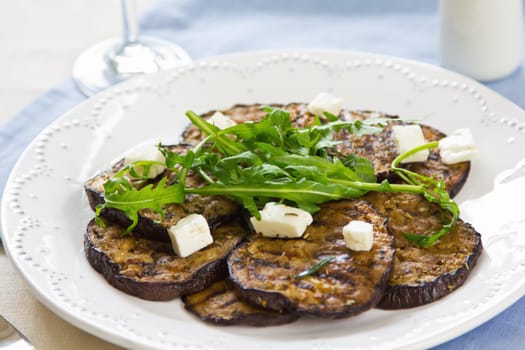 Grilled Aubergine with Feta cheese and Rocket salad