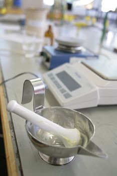 chemicals on a laboratory table no trademark visible