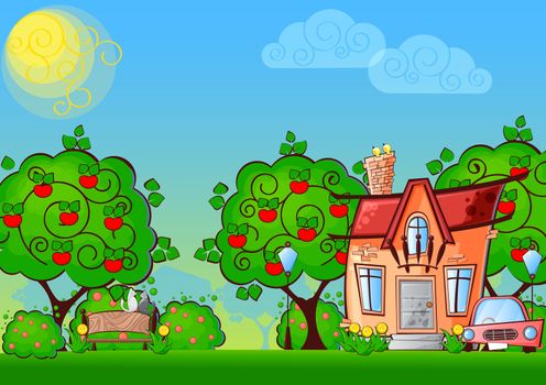 background cartoon house surrounded by the trees