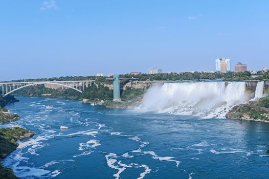 Aerial View on US Niagara Falls from the observation deck of Skylon Tower, Niagara Falls, Ontario, Canada.