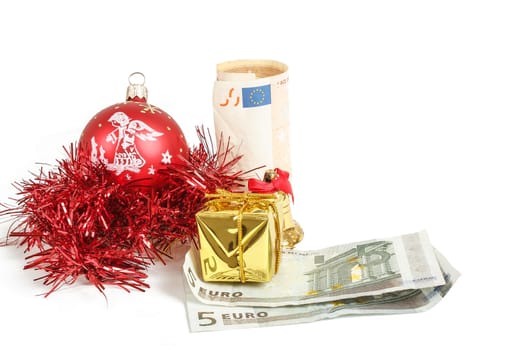 money concept with euro banknotes for christmas gifts on white background
