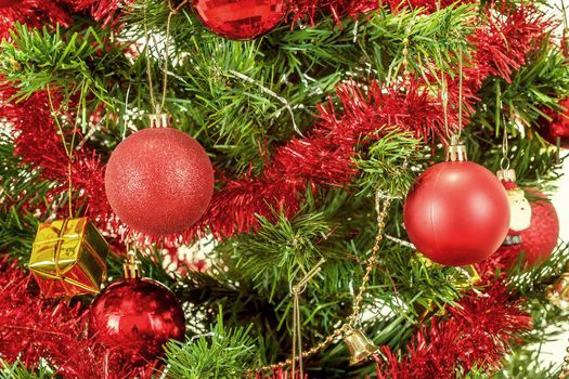detail of decorated christmas tree with red balls