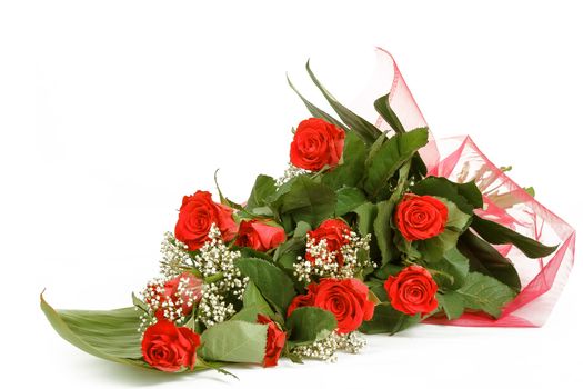 Bouquet of fresh red roses on white, with space for copy in the side