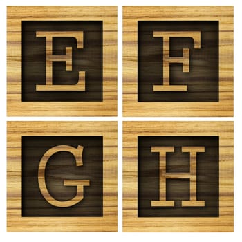 Teak wood E-H blocks with letters and numbers.