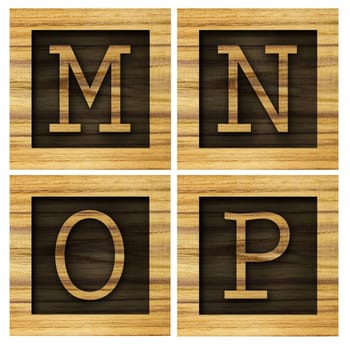 Teak wood M-P blocks with letters and numbers.