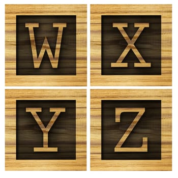 Teak wood W-Z blocks with letters and numbers.