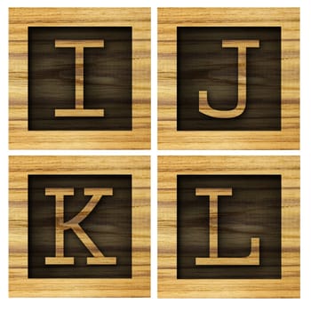 Teak wood I-L blocks with letters and numbers.