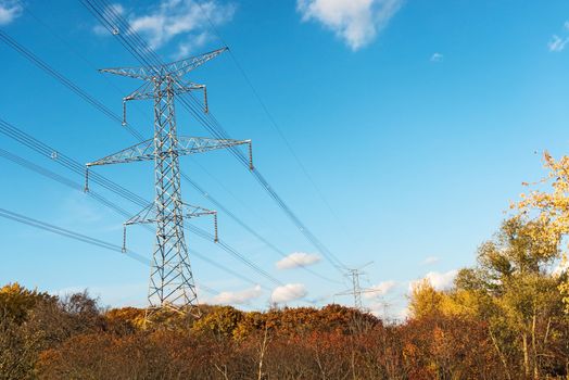 High Voltage Tower over Blue Sky near Toronto, Canada