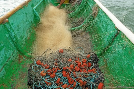 Fishing net in the fisherman boat