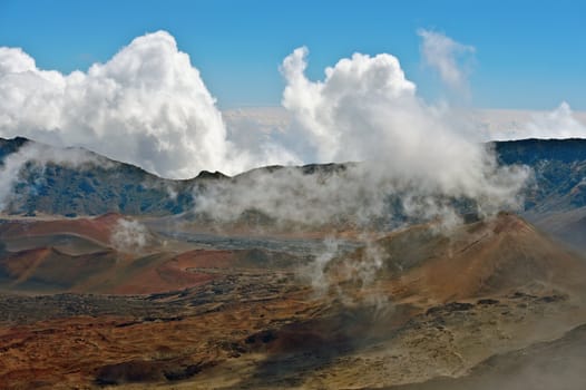 Haleakala Volcano and Crater Maui Hawaii showing surrealistic surface with mountains, lava tubes, rocks