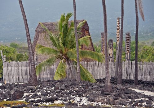 Hawaiian Sacred Carved  from Wood resembling images of a god to guard the sanctuary of Puuhonua O Honaunau, an ancient refuge on the Big Island of Hawaii